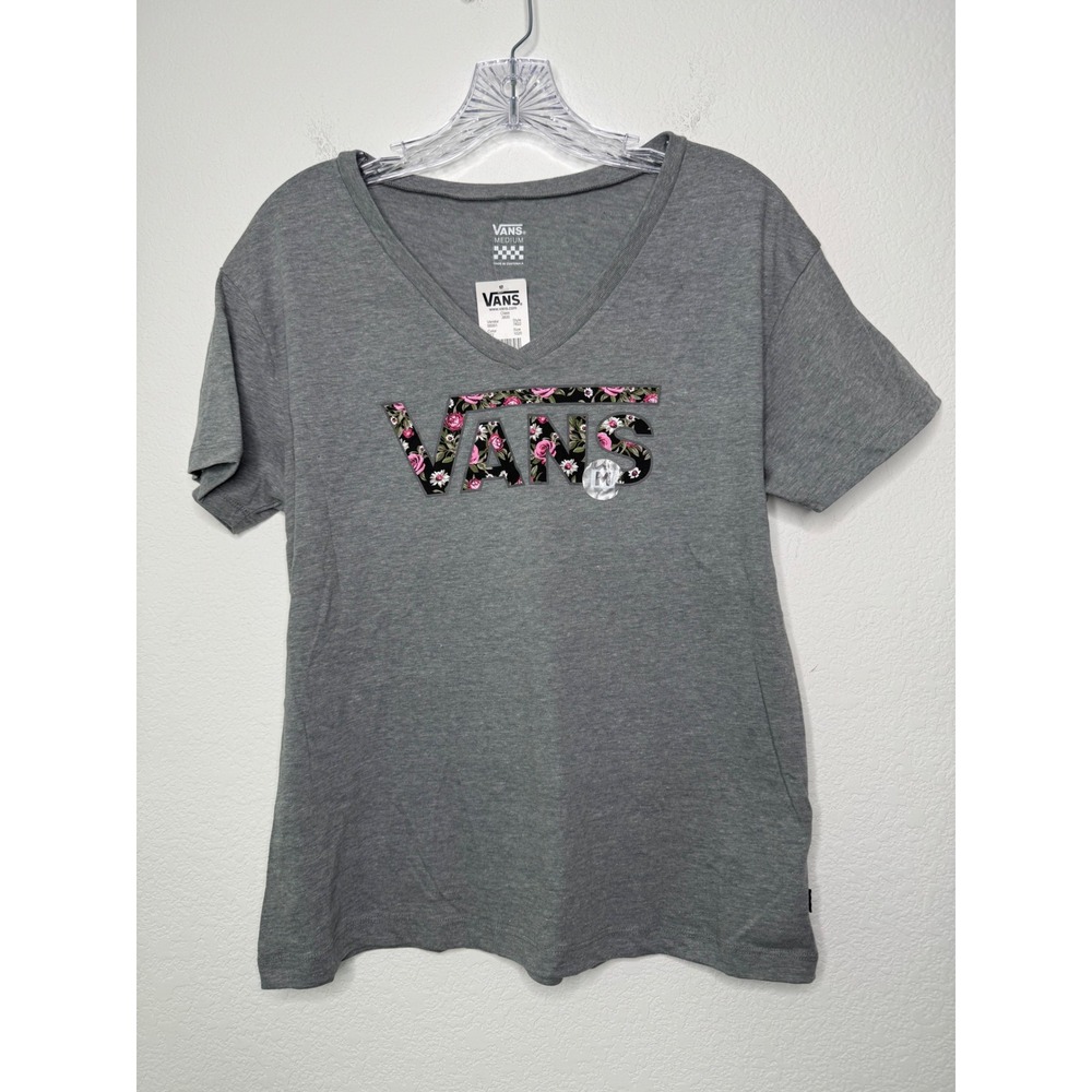 Vans Womens Floral Logo V-Neck T-Shirt Heather Gray‎ Size Medium NWT